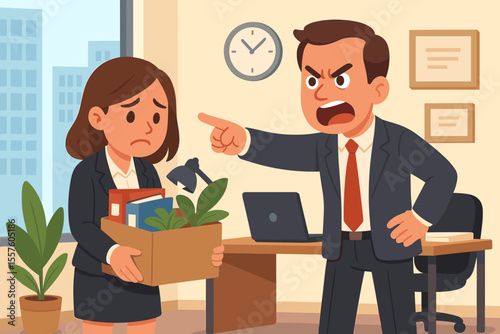 Angry boss firing female employee. Sad woman worker leaving office with box of belongings. Job loss, dismissal, unemployment concept. Workplace conflict, toxic environment vector.