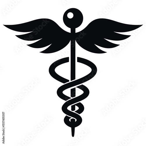 Black and White Caduceus Medical Symbol with Wings and a Snake Staff Design