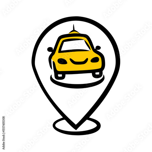 Yellow taxi car icon inside location pin graphic design  