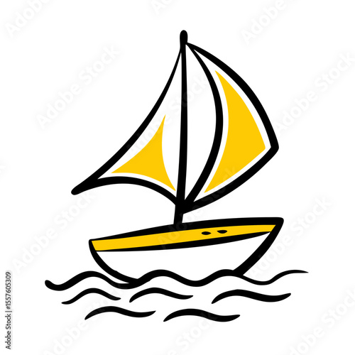 Cartoon sailboat with yellow sails sailing on calm waves  