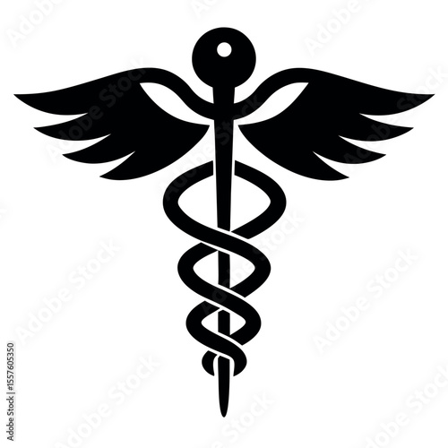Black and White Illustration of Caduceus Symbol with Wings and Staff Design