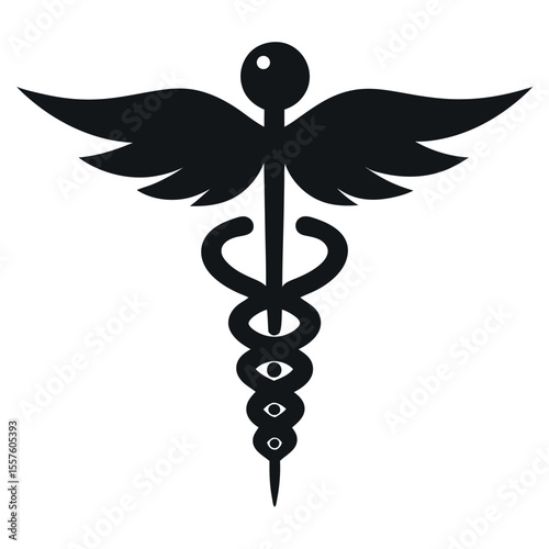 Black Caduceus Symbol With Wings and Eyes Illustration on a White Background, Medicine, Health