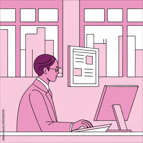 Illustration of a man in a suit working at a computer in an office with windows and a notice board