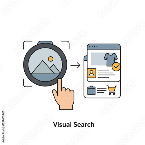 Visual search concept with hand pointing at screen and image