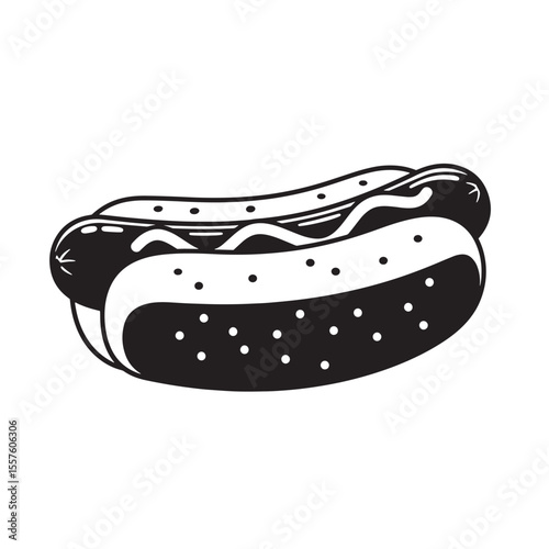 A delicious monochrome illustration of a classic hot dog sandwich with a vintage art style perfect for casual culinary designs