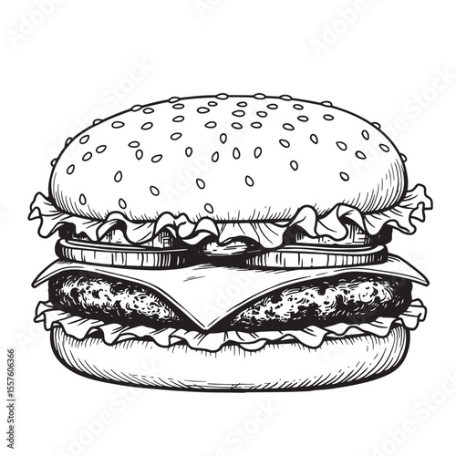 A delicious illustration of a classic hamburger complete with lettuce cheese and a juicy patty shown in black and white vintage art silhouette.