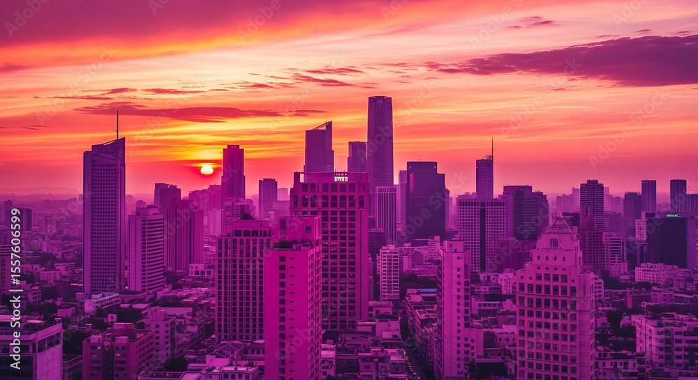 Fototapeta premium Pink and Purple City Skyline at Sunset.