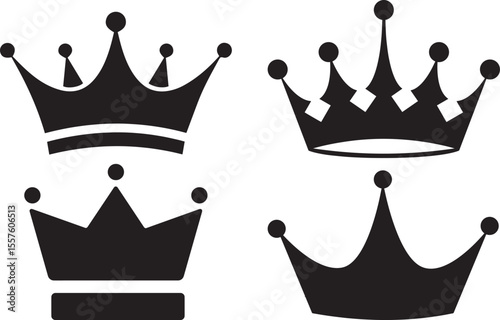 Four black crown silhouettes isolated on white background