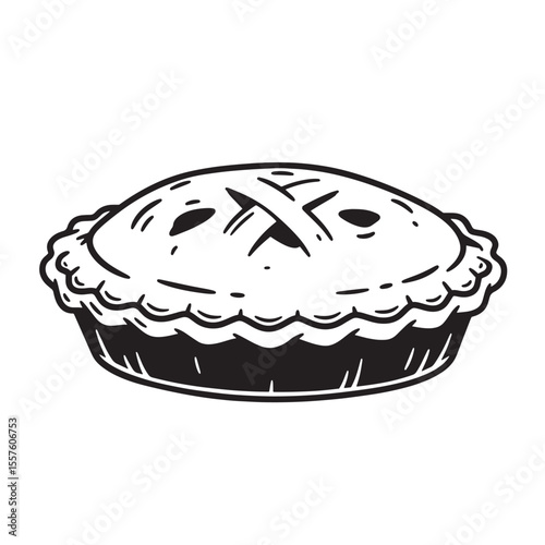 A deliciously illustrated black and white vintage art silhouette of a fully baked pie ready to be eaten