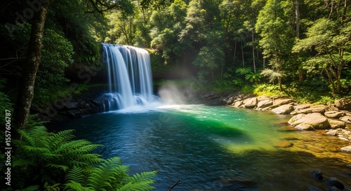 Serene waterfall cascading into a vibrant emerald pool, nestled within a lush, sun-dappled rainforest.