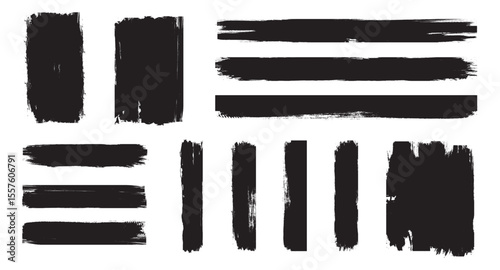 Vector set with black rectangular shapes with rough edges. Vector brush strokes pack marker ink strokes grunge. Black hand drawn stripes, smears, rectangle brush. Straight line vector brush.