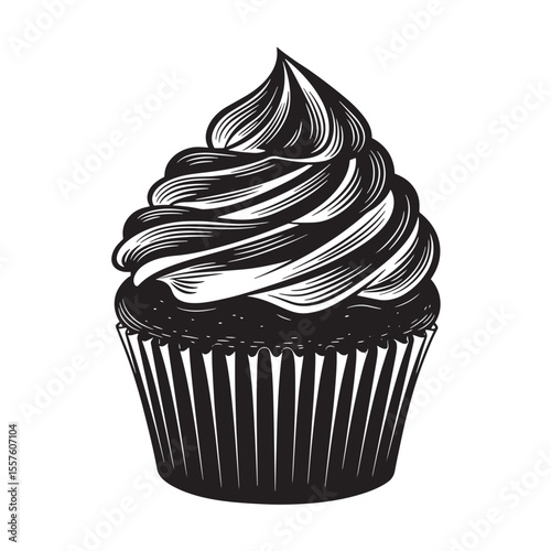 A detailed vintage art silhouette of a delicious cupcake with swirled icing ready to celebrate a special occasion