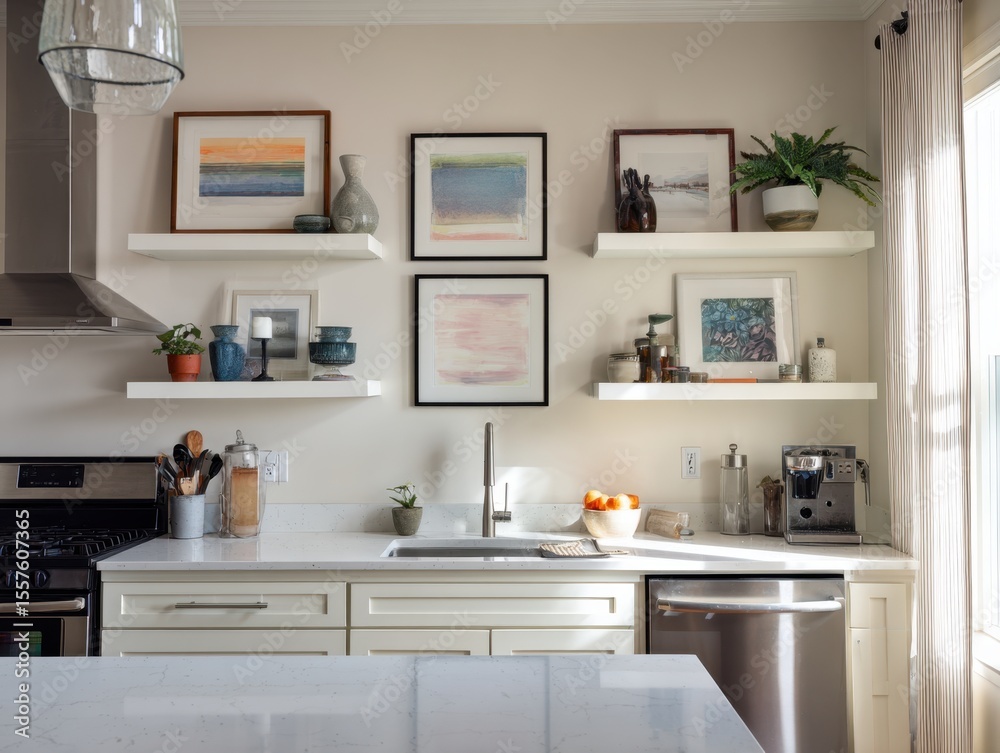 Fototapeta premium A kitchen with white cabinets and a stainless steel sink. A silver dishwasher is on the right side of the kitchen
