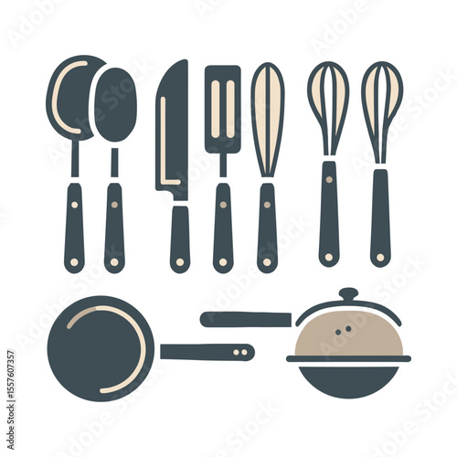 A collection of kitchen utensils including knives, spoons, and whisks arranged neatly