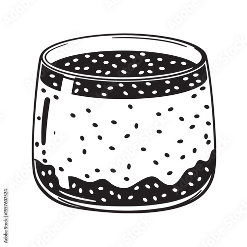 A stylized vintage art silhouette depiction of a glass filled with a beverage with seeds or bubbles in a black and white design.