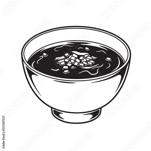 A vintage art silhouette illustration of a bowl filled with soup and topped with diced ingredients, a classic comfort food image.