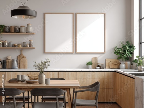 A kitchen with a table and chairs, and a white wall. There are two empty picture frames on the wall