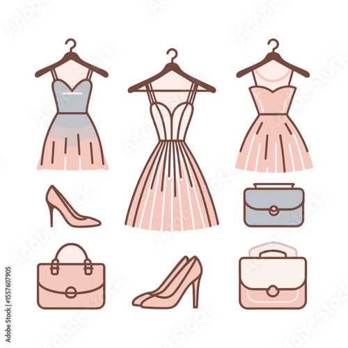 Collection of elegant dresses and accessories displayed on hangers, showcasing fashion styles