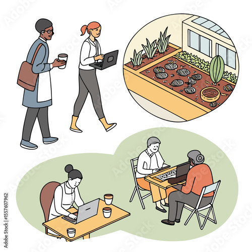 Diverse group of people working with laptops and enjoying coffee with a garden in the background