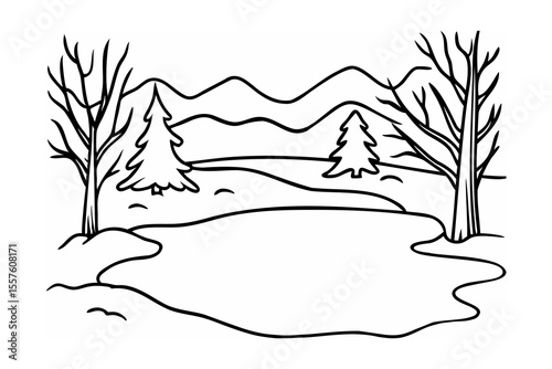 Winter landscape with trees and pond nature