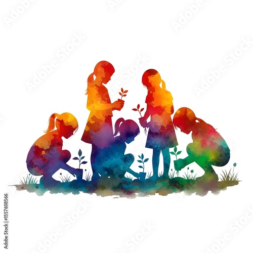 Kids Children Planting Garden Nature Growth Watercolor.