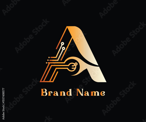 Gradient gold tech letter A logo with circuit board pattern