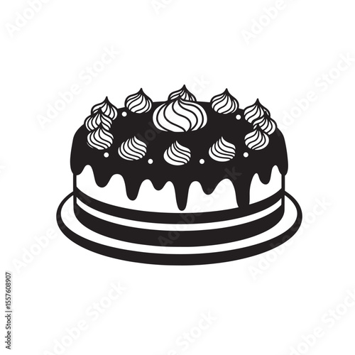 Decorative vector illustration of a deliciously frosted cake with whipped cream decorations serving as a vintage art silhouette.
