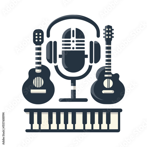 Illustration of musical instruments including guitars and a microphone with a piano background