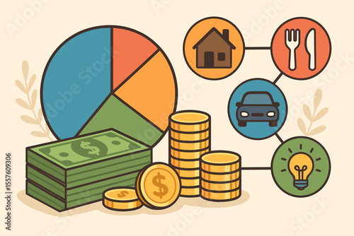 Personal finance and budgeting concept with money allocation. Managing cost of living with pie chart diagram. Household expenses like housing, food, car, and electricity bills.