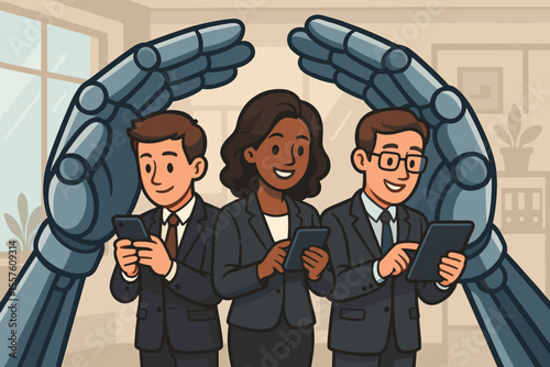 AI robot hands protect diverse business team with mobile devices. Cybersecurity, automation, and future of work concept. Vector cartoon illustration of corporate technology support.