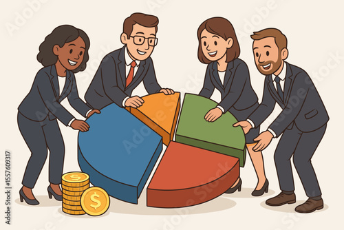 Teamwork of diverse business leaders dividing a financial pie chart. Metaphor for profit distribution, market share, investment, and budget allocation. Cartoon vector illustration.