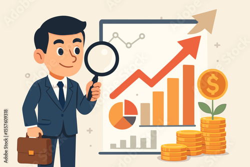 Business investment goals and strategic planning for future success. Businessman with magnifying glass analyzing financial chart. Market growth, profit, data analysis vector cartoon.