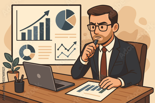 Businessman analyst thinking, analyzing financial data report for strategic decision making. Professional at desk with charts, graphs, laptop. Business analytics, market growth concept.