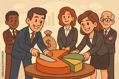 Business leaders dividing a financial pie chart with the team. Metaphor for profit sharing, market share, budget allocation, revenue distribution, and financial strategy meeting.