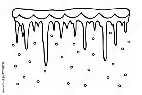 Icicles hanging from snow covered ledge with falling snowflakes