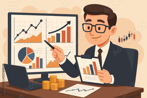 Businessman analyzing financial data. Man working with charts and graphs for investment strategy and business growth. Market research report, stock trading and success concept. Vector.