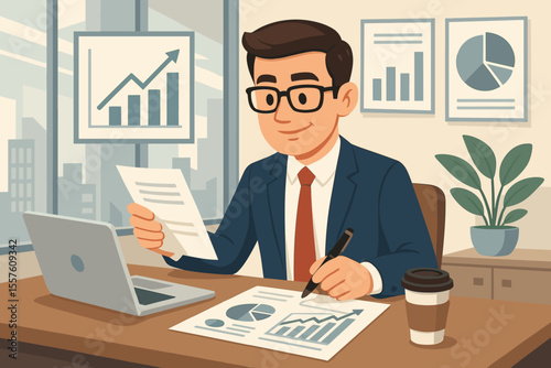 Businessman analyzing financial reports and data in a modern office. Manager or analyst working with charts and graphs for business growth and success. Corporate strategy vector.