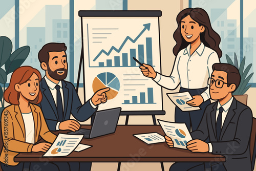 Business team meeting for data analysis and strategy planning. Woman presenting growth charts on a flipboard. Corporate teamwork and financial report discussion. Vector illustration.