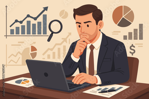 Businessman analyzing financial data on laptop for strategic decision making. Vector illustration of market research, investment growth, stock chart, and economic report concept.