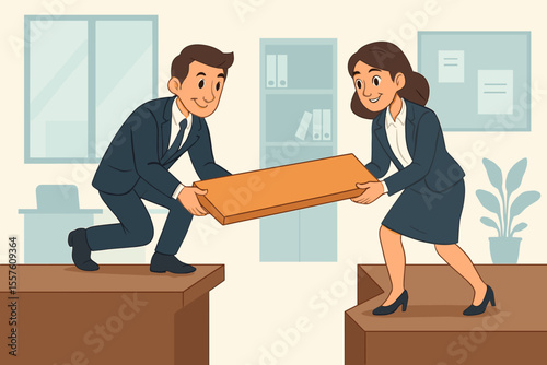 Business teamwork metaphor with man and woman bridging a gap. Office colleagues collaborating for a solution. Partnership, connection, support and overcoming obstacles concept vector.