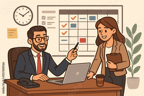 Business team collaboration concept. Manager and assistant planning schedule, coordinating tasks on calendar. Office teamwork and project management vector cartoon illustration.