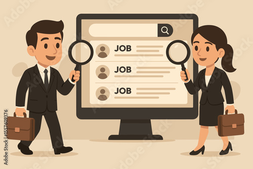 Job search concept. Businessman and businesswoman with magnifying glass review career listings on computer. Online recruitment, human resources, hiring process. Finding work vector.