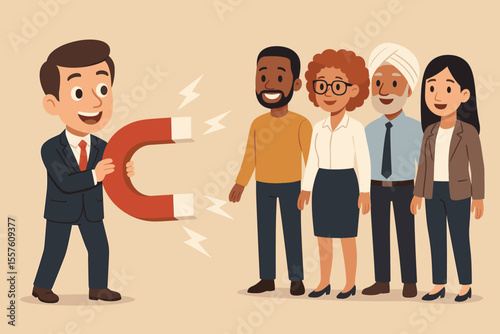 Businessman with magnet attracting diverse talent. Metaphor for recruitment, hiring, and inclusion. Concept of leadership, human resources, and building a multicultural workforce.