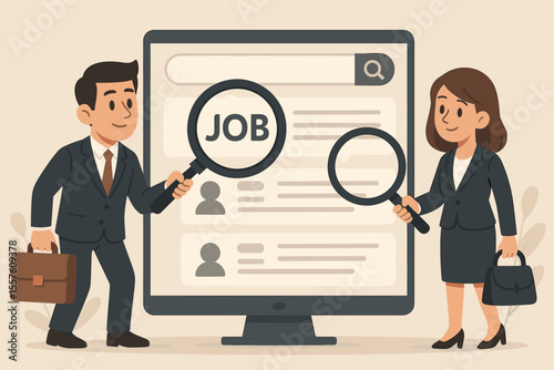 Job search vector concept. Businessman and businesswoman with magnifying glass look for work on computer. Human resources, online recruitment, hiring process, career opportunity, vacancy.