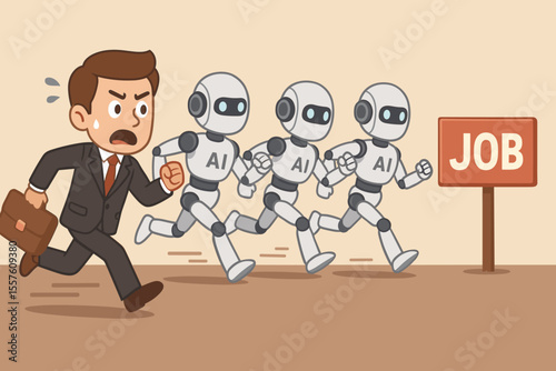 Businessman racing against AI robots for a job. Human versus technology competition concept. Future of work, automation, career threat, and job loss metaphor. Cartoon vector illustration.