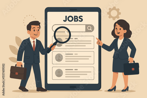 Job seekers searching for career opportunities on a giant smartphone. Man and woman looking at vacancies online. Human resources, recruitment, and employment agency concept illustration.