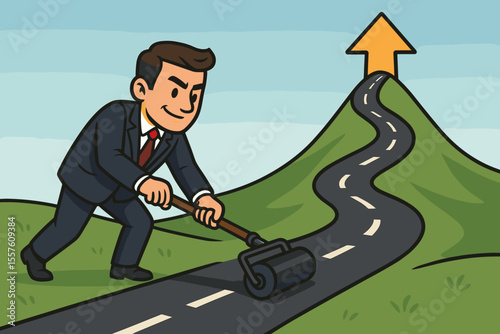 Businessman constructing a road to success metaphor. Man paving a path up a hill toward a goal arrow. Concept for strategic planning, determination, ambition, and career growth.