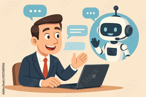 Businessman talking with AI chatbot. Robot providing customer service and support online. Artificial intelligence technology concept. Man using laptop for virtual assistance vector.
