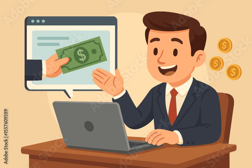 Businessman gets paid online. Freelancer receiving money for remote work on laptop computer. Digital transaction, financial success, and income concept. Cartoon vector illustration.
