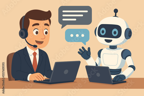 Businessman operator with headset chatting with AI robot chatbot for customer support. Online help desk assistance concept. Future technology service. Vector cartoon illustration.